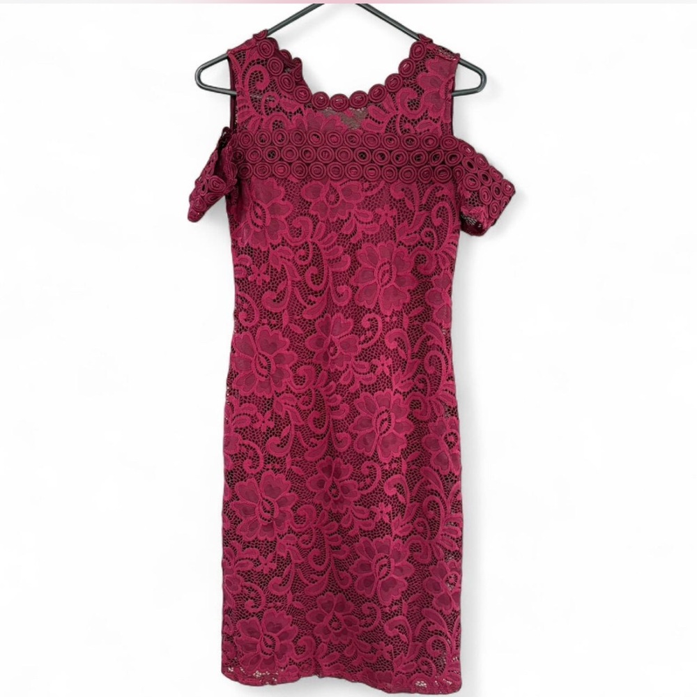 Ambiance Cold Shoulder Lace Dress - Burgundy